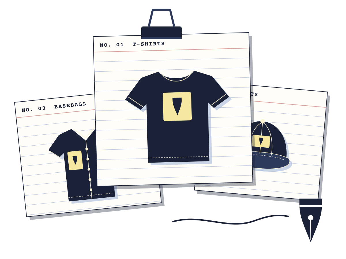Three index cards with ink drawings of a T-shirt, a baseball jersey and a cap, held by a binder clip, beside a fountain pen nib