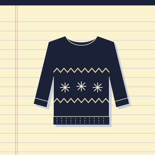 Ink drawing on a ruled legal pad: ugly sweaters